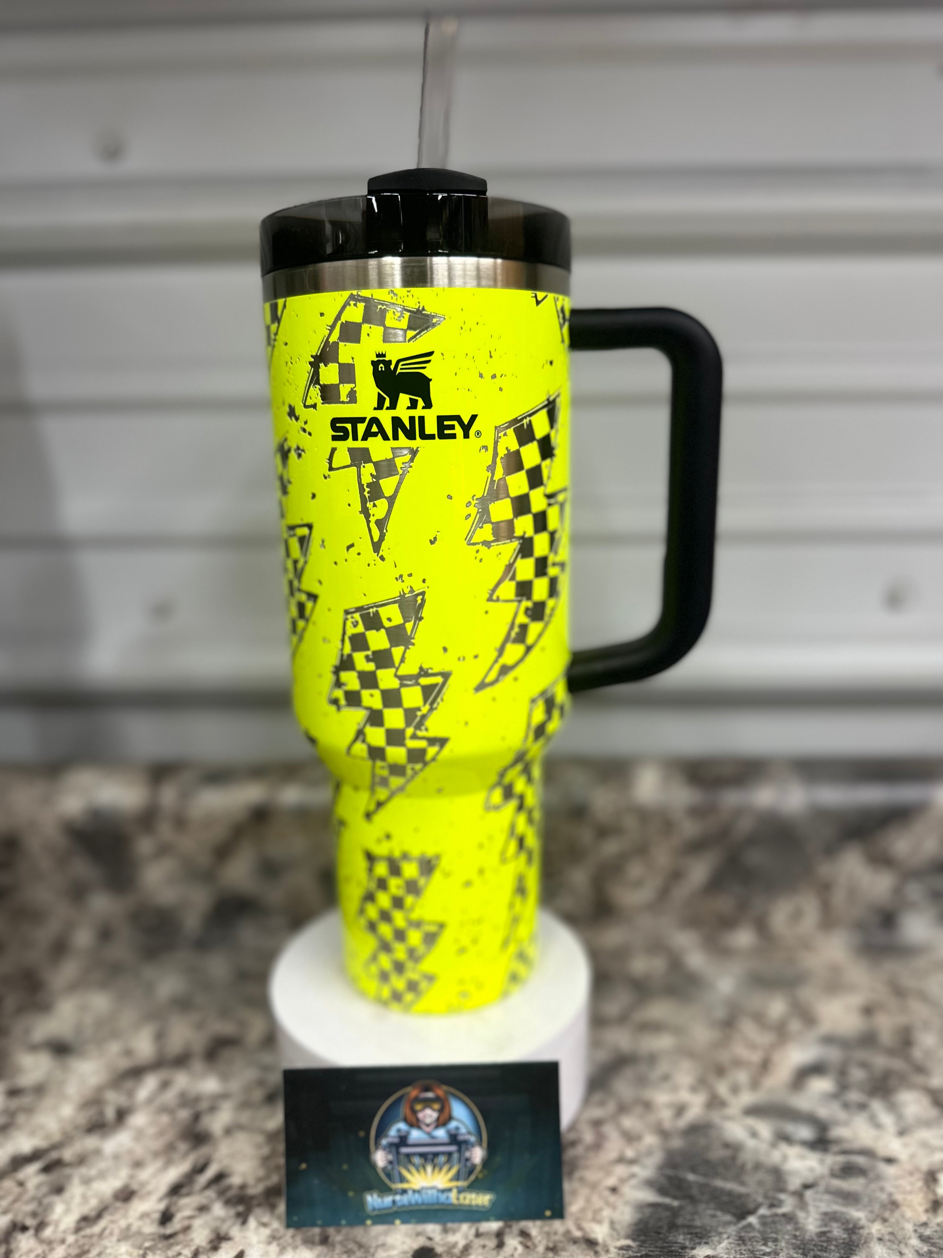 Neon Yellow 40oz Stanley laser engraved checkered lightening bolts. Calling all RACE MOMS!