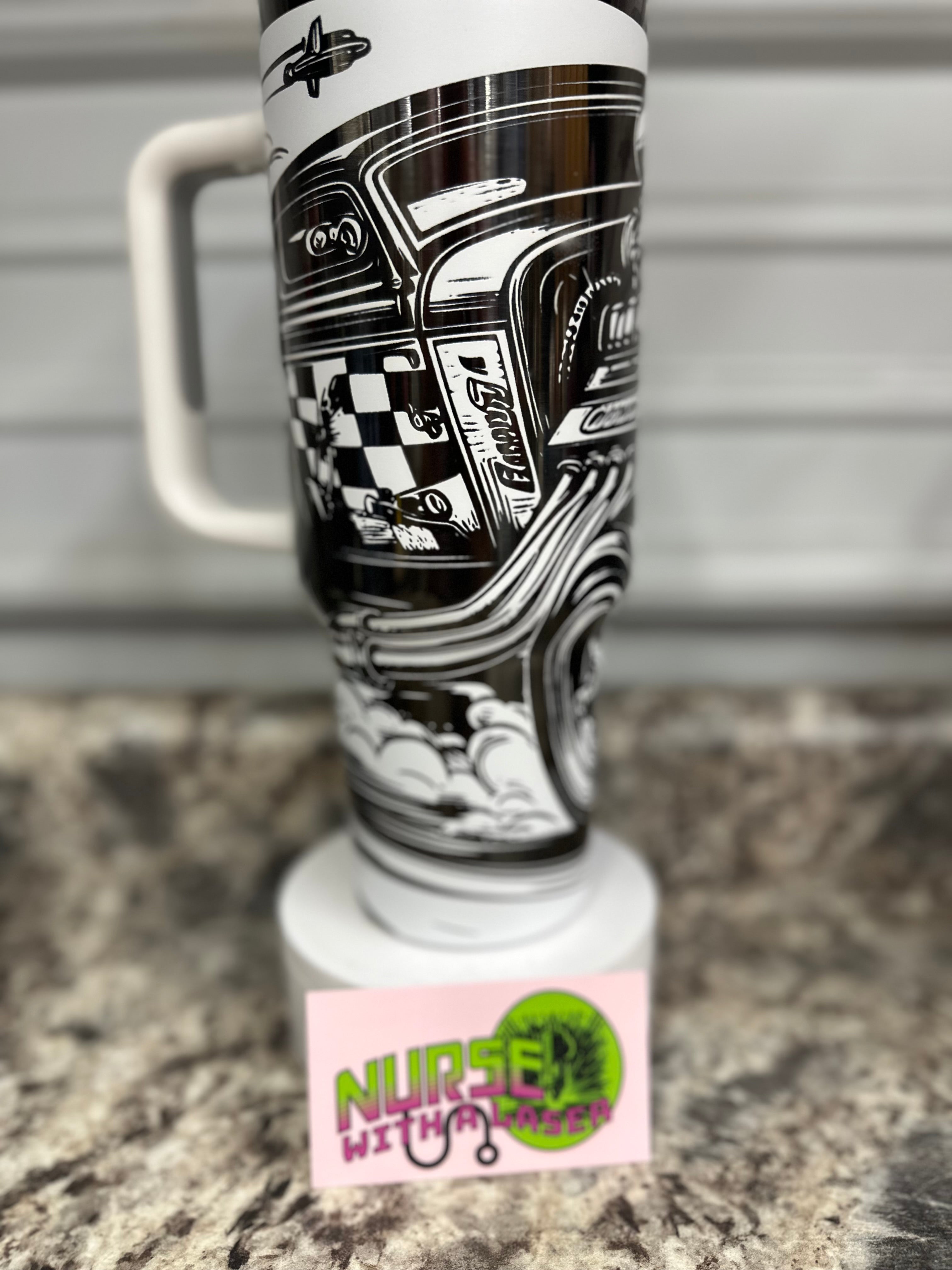 Hot rod, classic car,muscle car with engine laser engraved 40oz tumbler