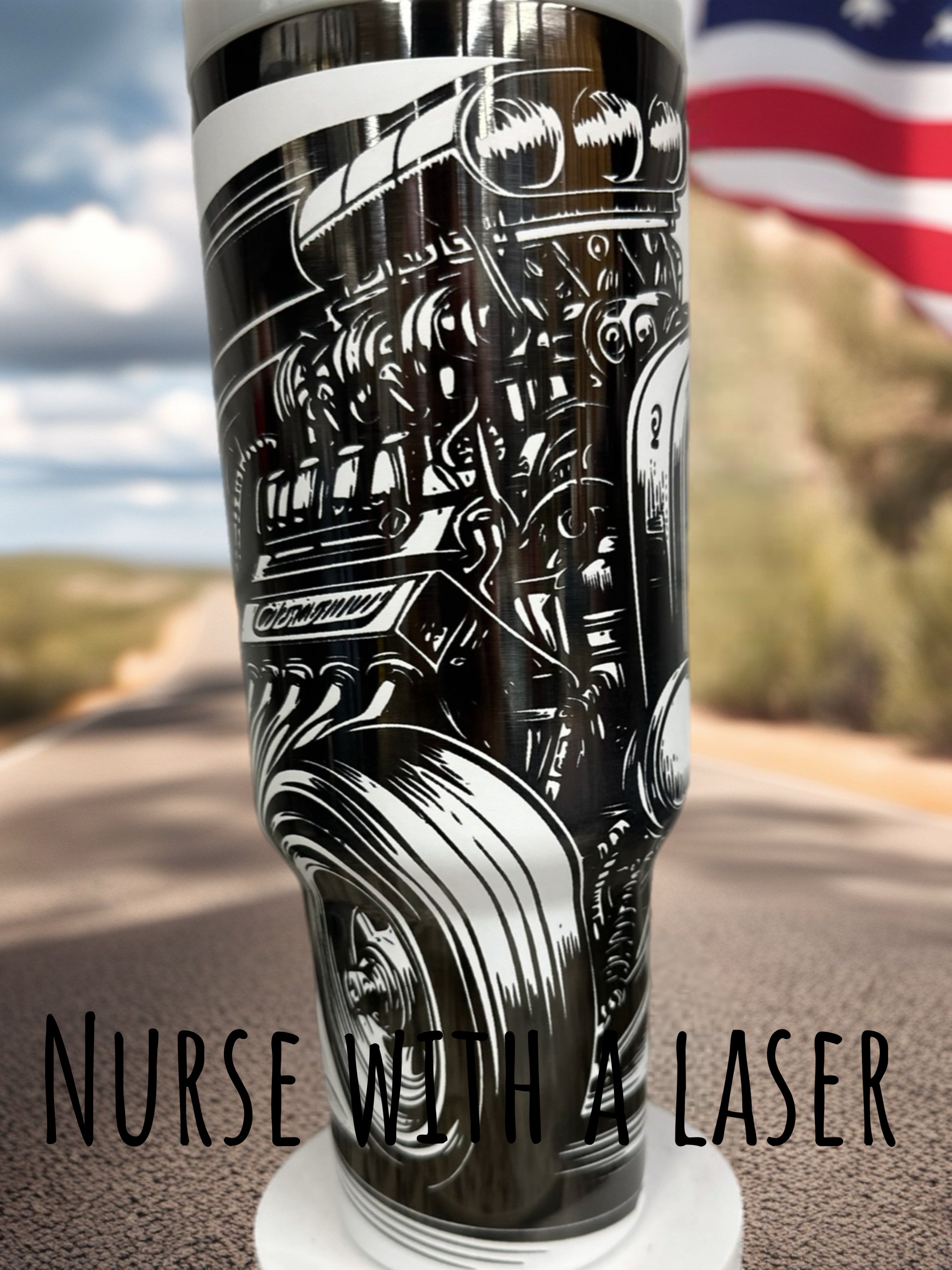 Hot rod, classic car,muscle car with engine laser engraved 40oz tumbler