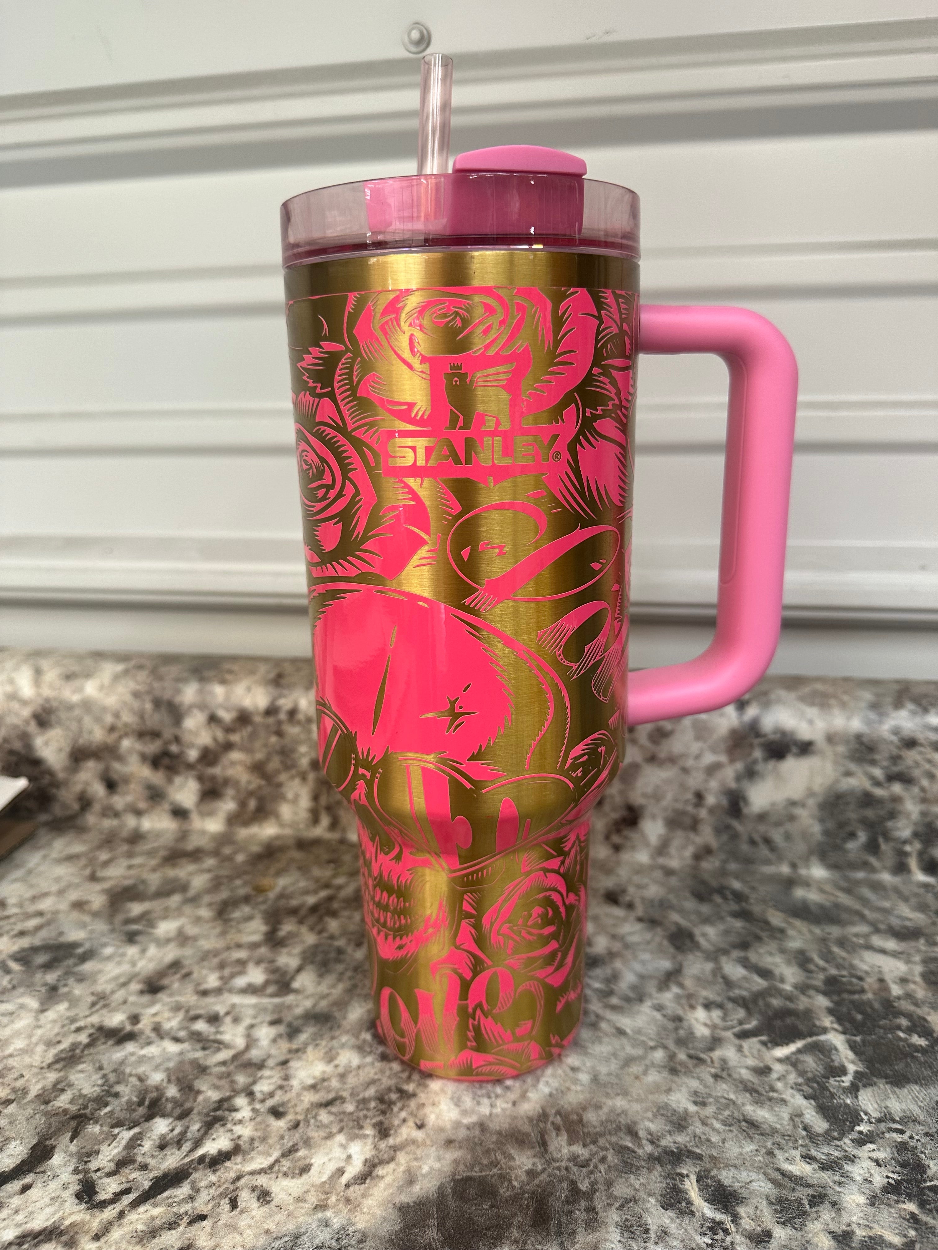 Authentic Stanley 40oz Pink Parade skull love, roses, heart glasses full laser engraving, ONE OF A KIND!