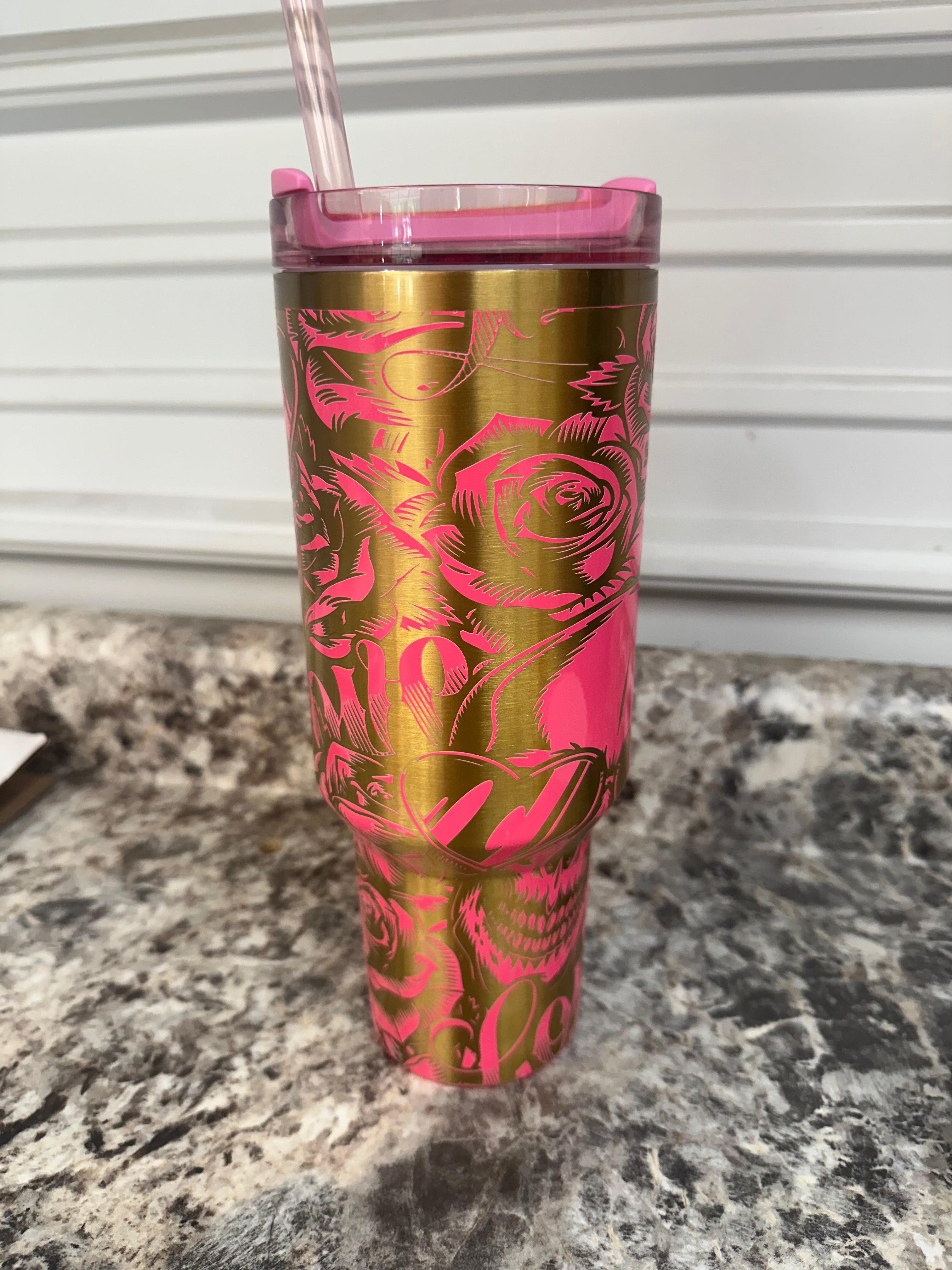 Authentic Stanley 40oz Pink Parade skull love, roses, heart glasses full laser engraving, ONE OF A KIND!