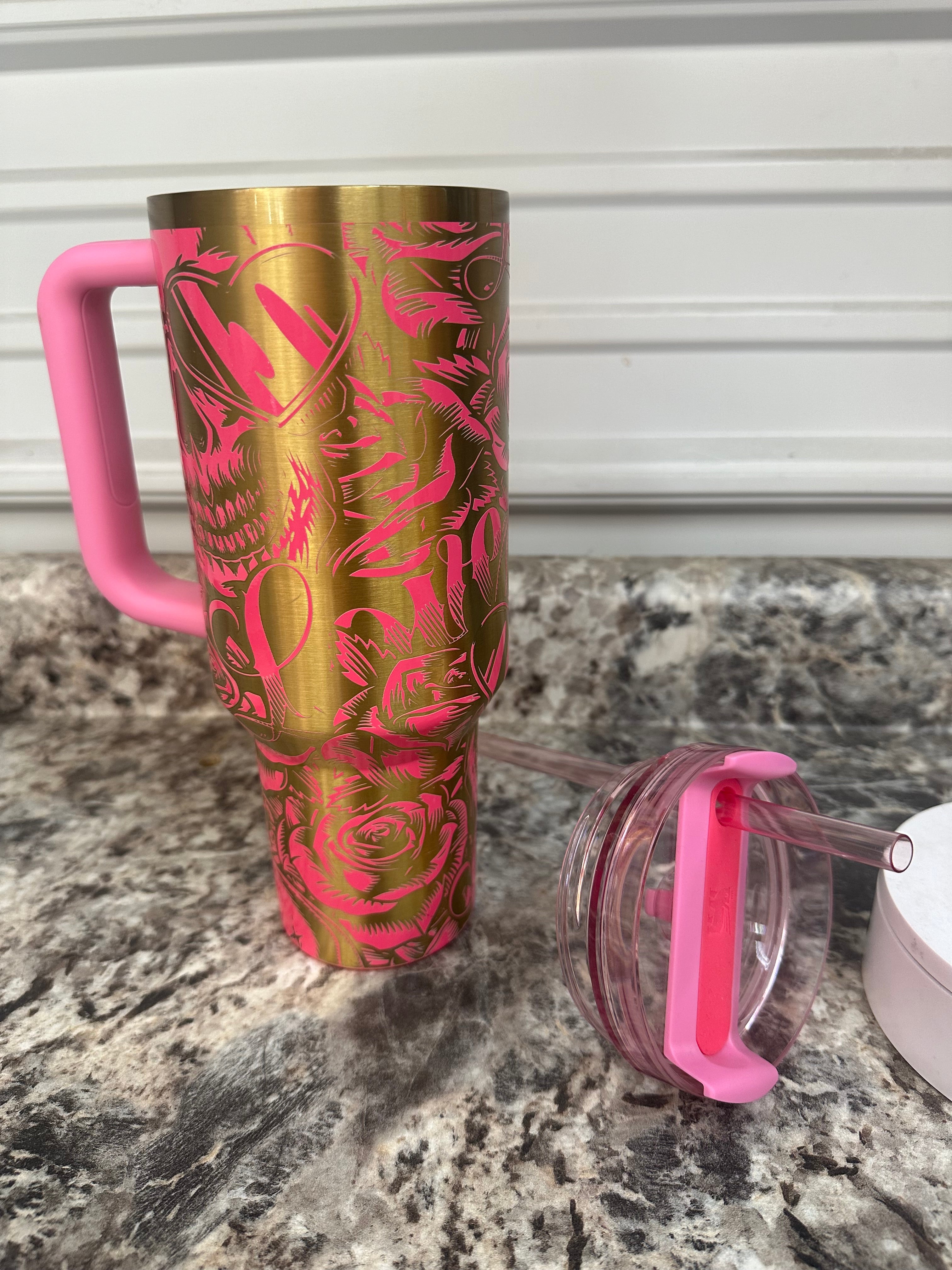 Authentic Stanley 40oz Pink Parade skull love, roses, heart glasses full laser engraving, ONE OF A KIND!