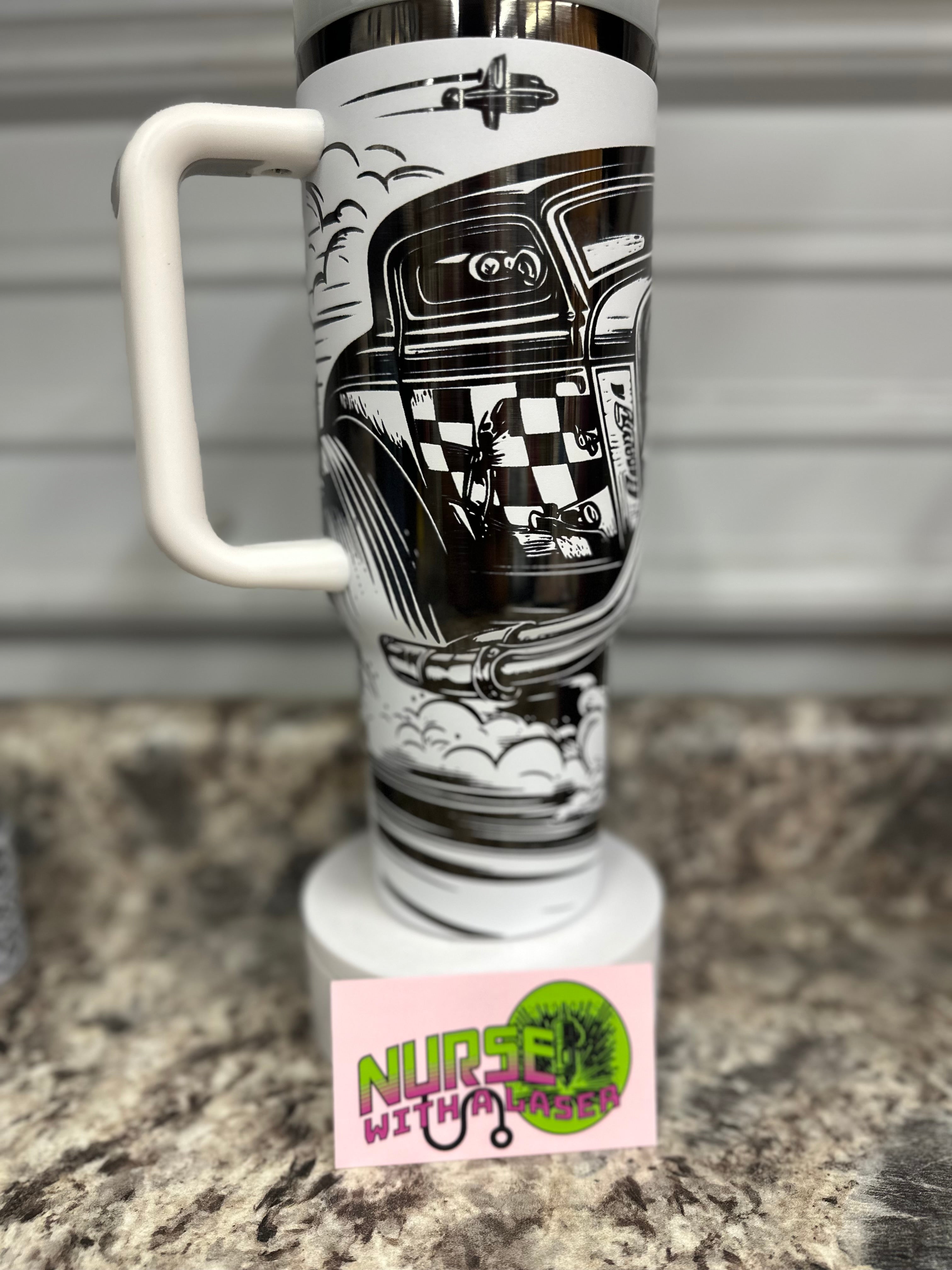 Hot rod, classic car,muscle car with engine laser engraved 40oz tumbler