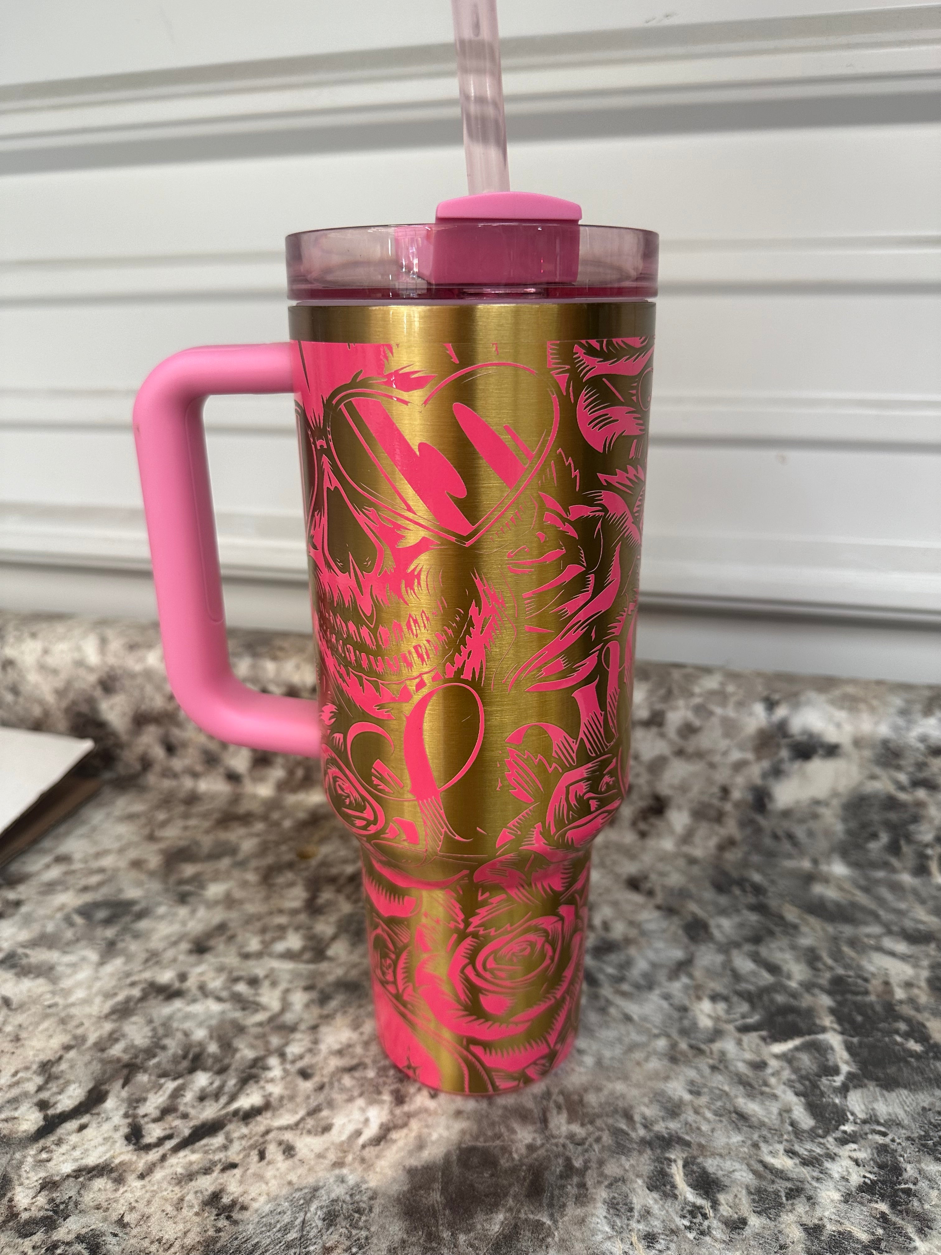 Authentic Stanley 40oz Pink Parade skull love, roses, heart glasses full laser engraving, ONE OF A KIND!