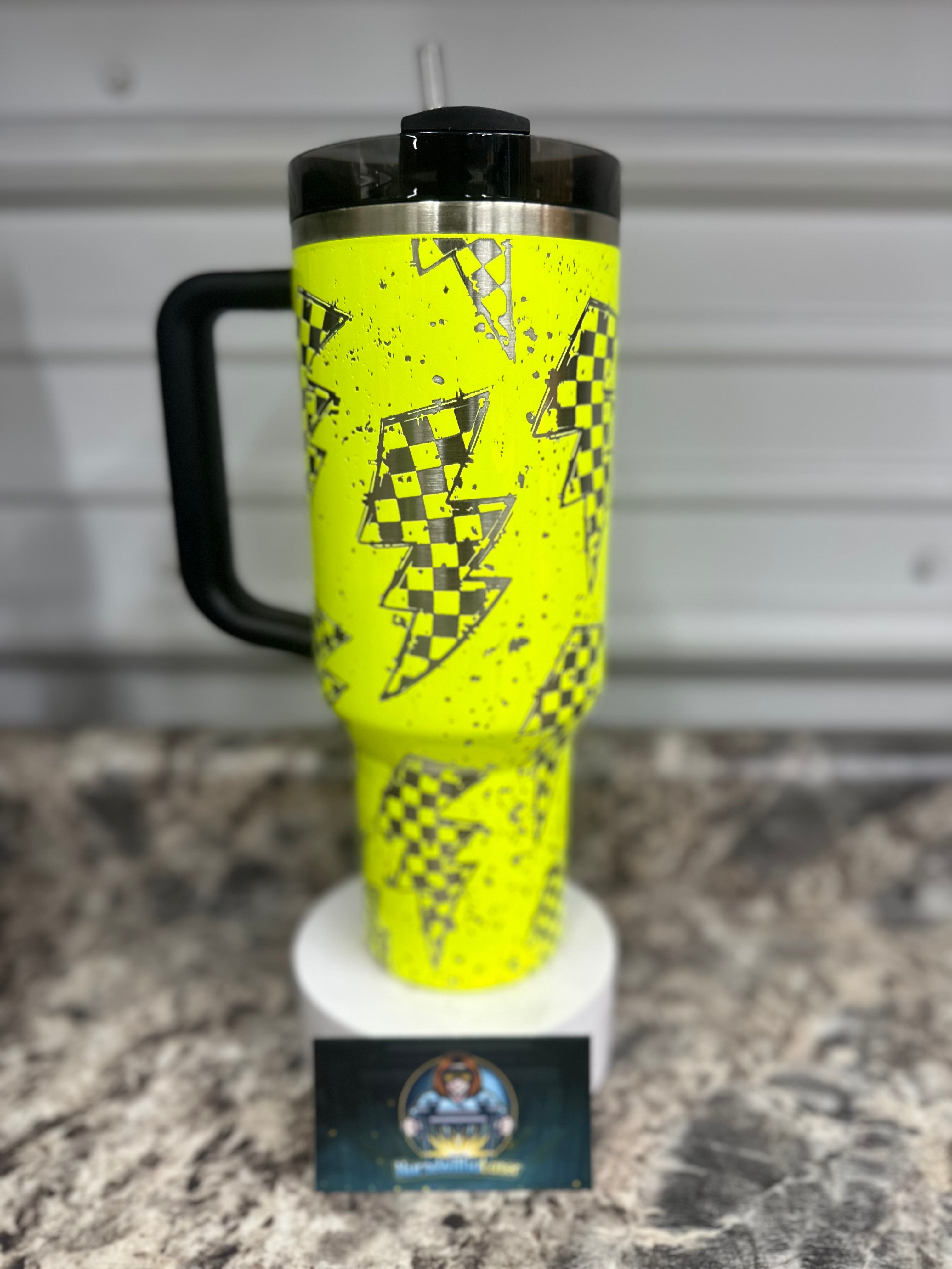 Neon Yellow 40oz Stanley laser engraved checkered lightening bolts. Calling all RACE MOMS!