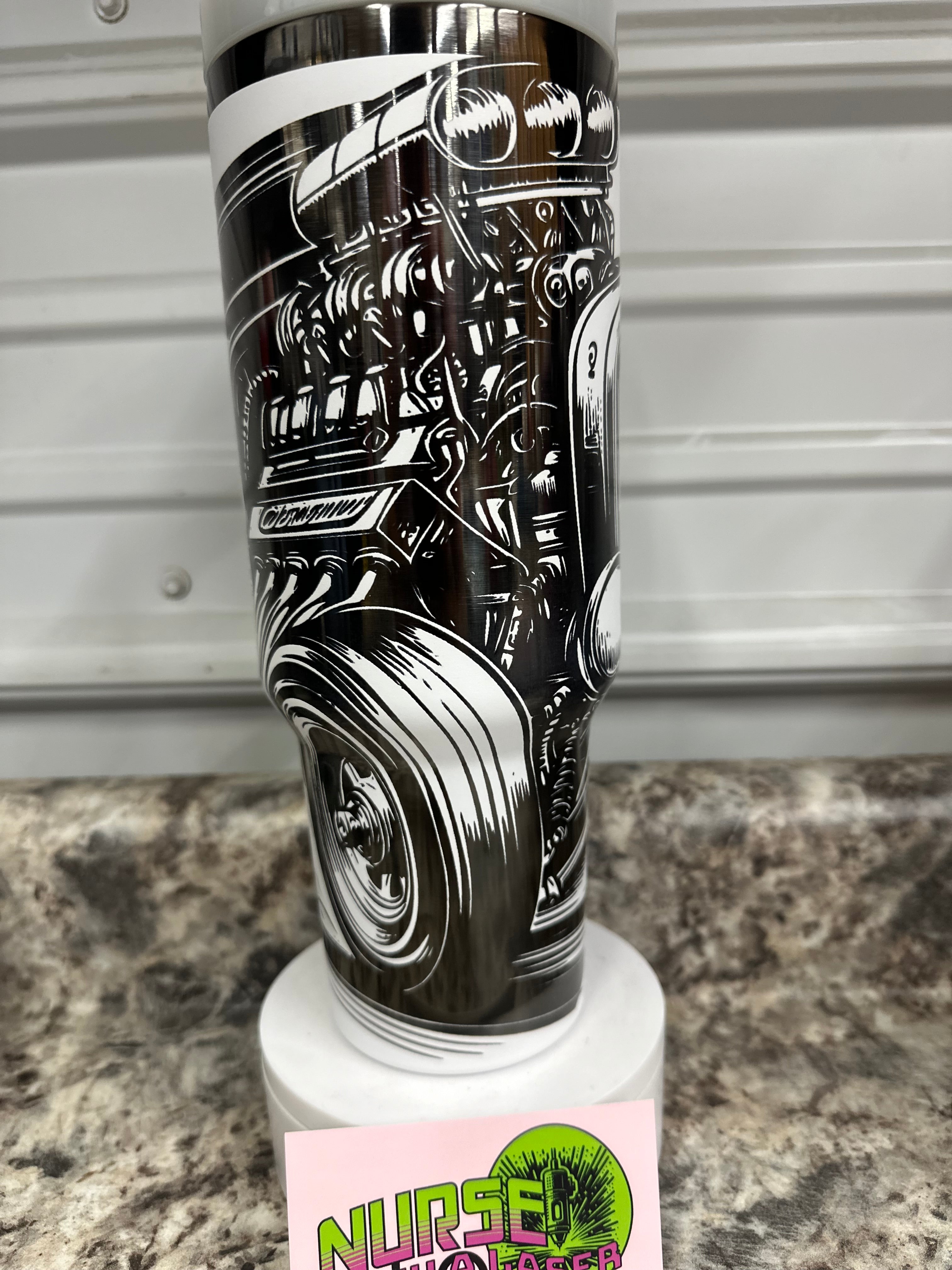 Hot rod, classic car,muscle car with engine laser engraved 40oz tumbler