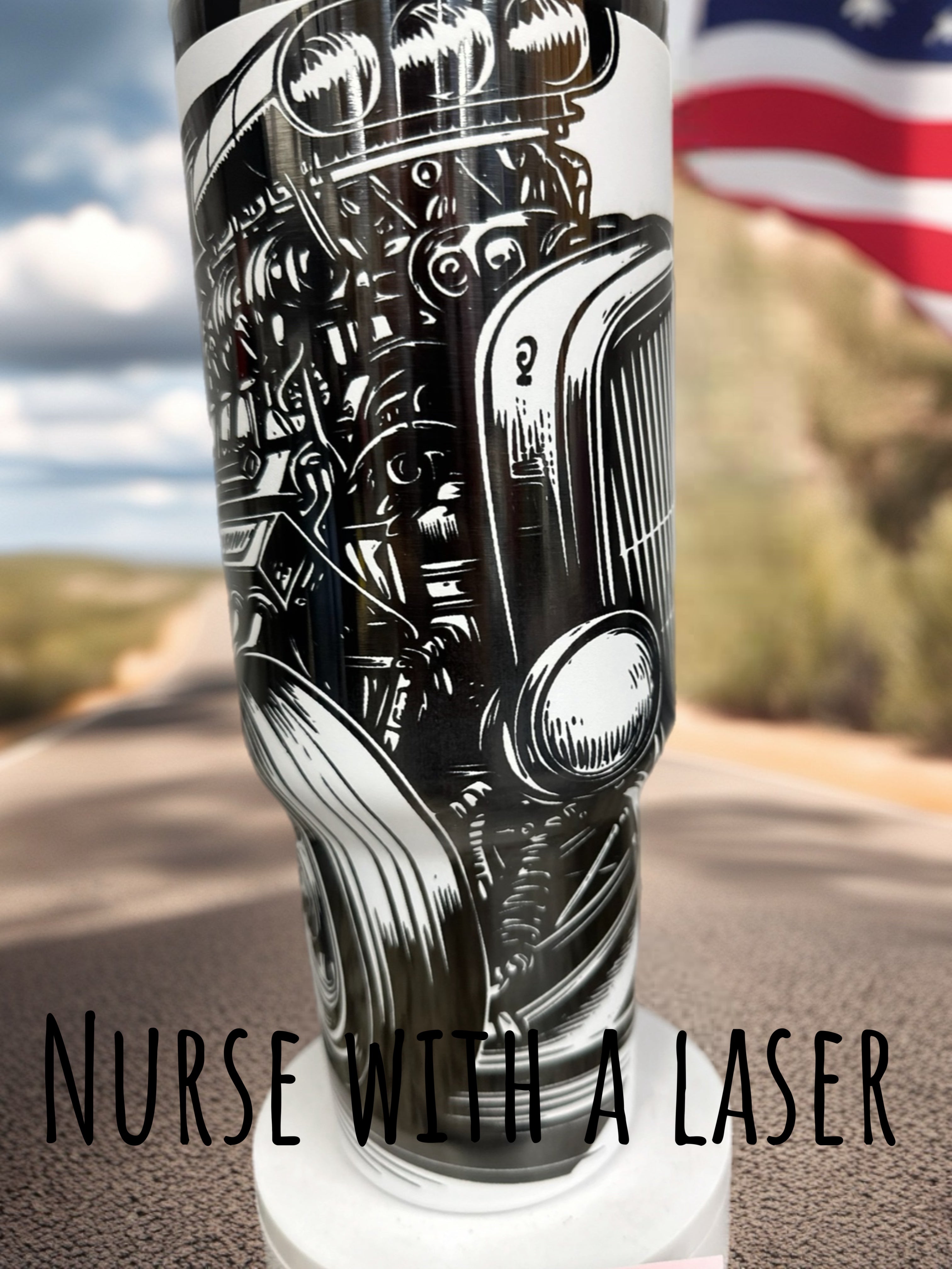 Hot rod, classic car,muscle car with engine laser engraved 40oz tumbler