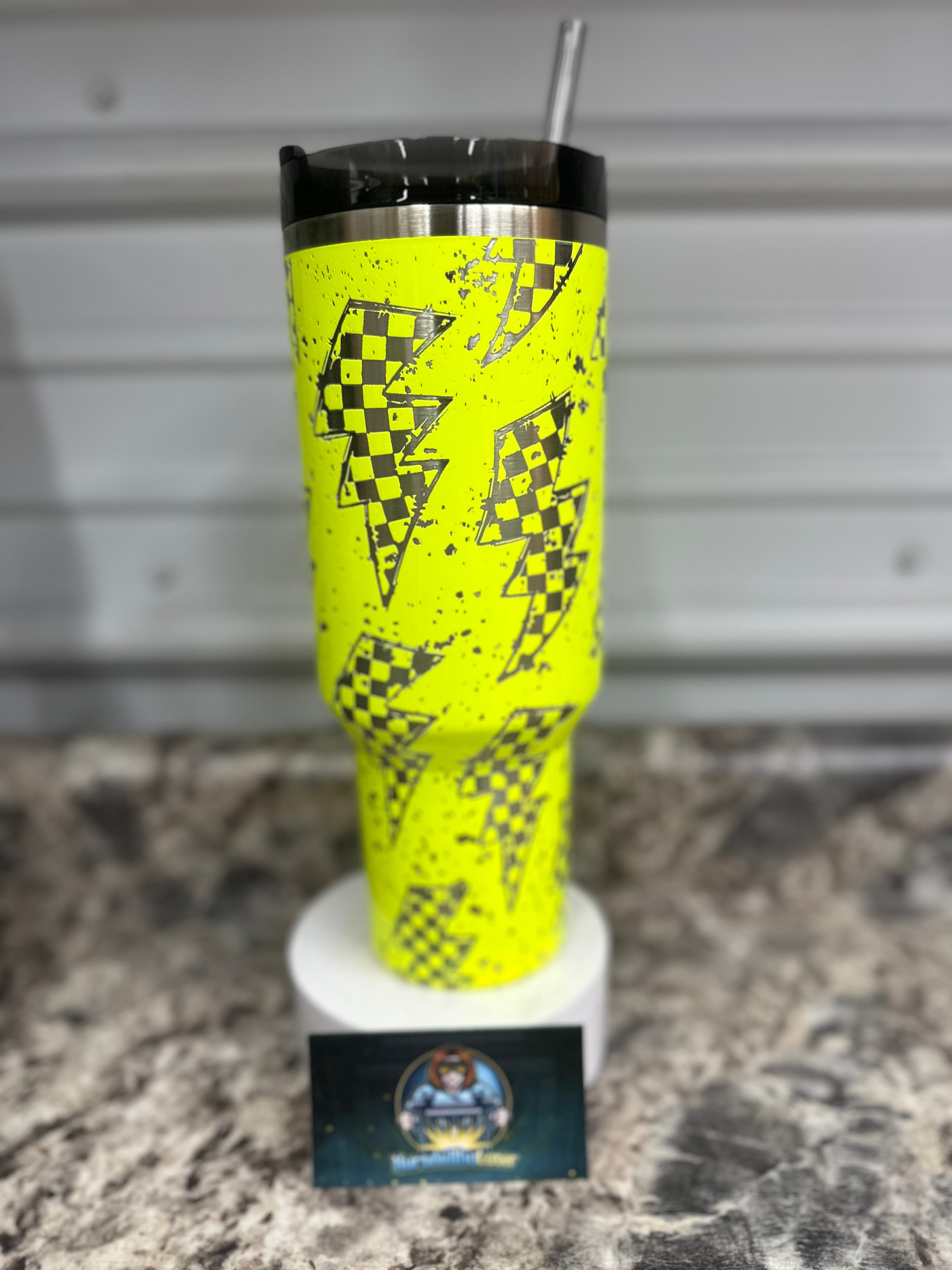 Neon Yellow 40oz Stanley laser engraved checkered lightening bolts. Calling all RACE MOMS!