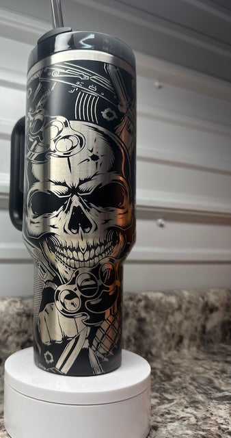 40oz Stanley Quencher Tumbler Laser Engraved skulls, guns, artillery