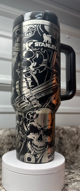 40oz Stanley Quencher Tumbler Laser Engraved skulls, guns, artillery