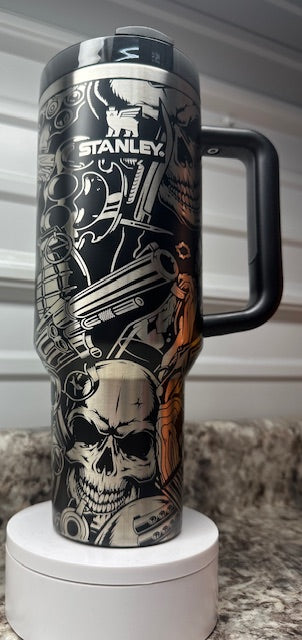 40oz Stanley Quencher Tumbler Laser Engraved skulls, guns, artillery