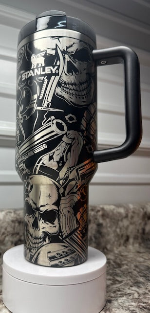 40oz Stanley Quencher Tumbler Laser Engraved skulls, guns, artillery