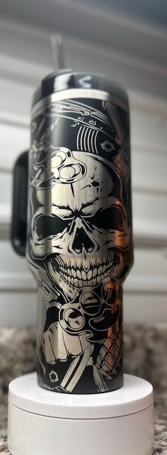 40oz Stanley Quencher Tumbler Laser Engraved skulls, guns, artillery