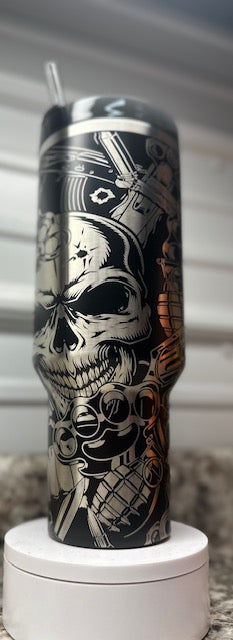 40oz Stanley Quencher Tumbler Laser Engraved skulls, guns, artillery