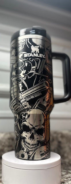 40oz Stanley Quencher Tumbler Laser Engraved skulls, guns, artillery