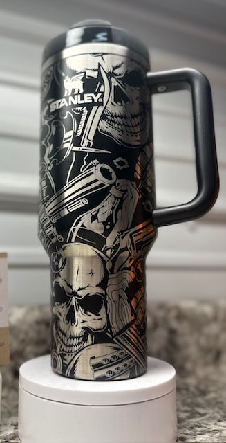 40oz Stanley Quencher Tumbler Laser Engraved skulls, guns, artillery